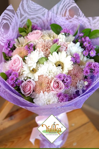Celine Lilac Rose – Lilac and pink roses with gerberas and purple statice | Yulika Florist Jakarta